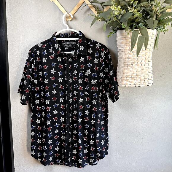 Straight Faded Men's L Black Star Print Short Sleeve Button Up Shirt 100% Cotton - Picture 1 of 6